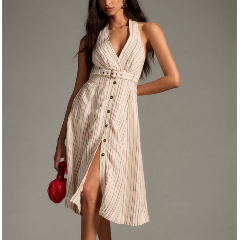 Anthropologie Maeve linen blend striped halter midi dress with belt 8 NWT